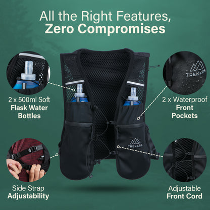 Trekkrs Vest XS to Medium - Running Vest with Water Bottles - Black