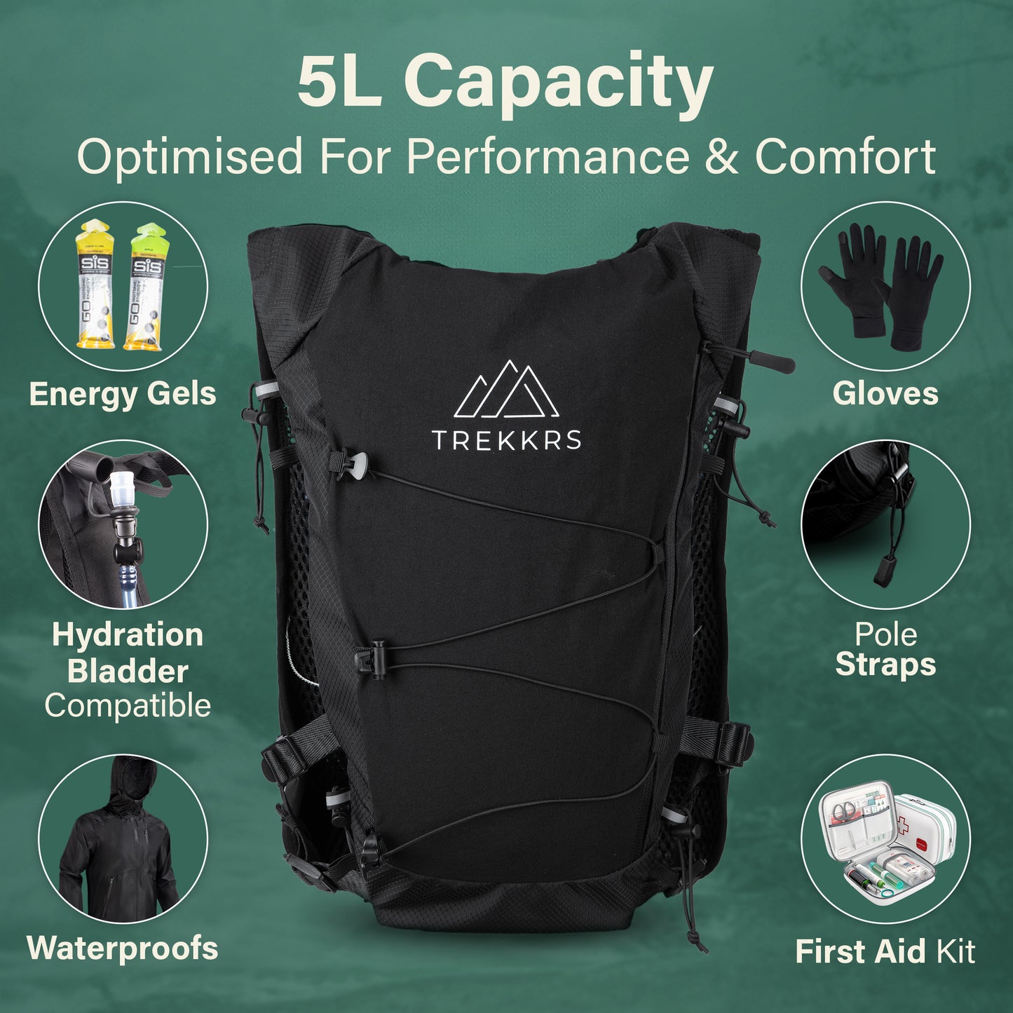 Trekkrs Vest XS to Medium - Running Vest with Water Bottles - Black