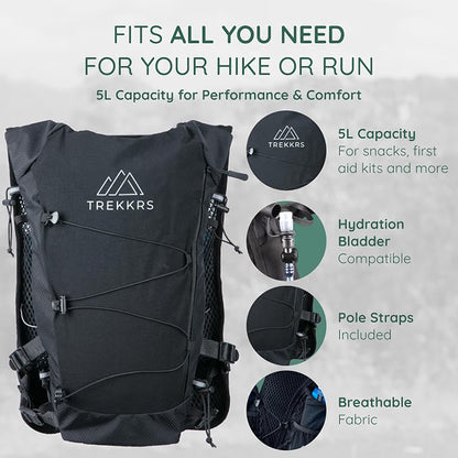 Trekkrs Vest XS to Medium - Running Vest with Water Bottles - Black