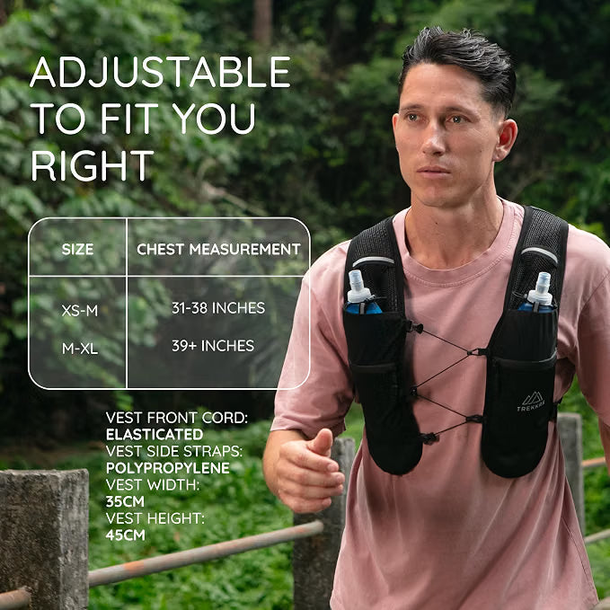 Trekkrs Vest XS to Medium - Running Vest with Water Bottles - Black