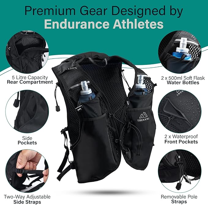 Trekkrs Vest L - XL - Running Vest with Water Bottles - Black