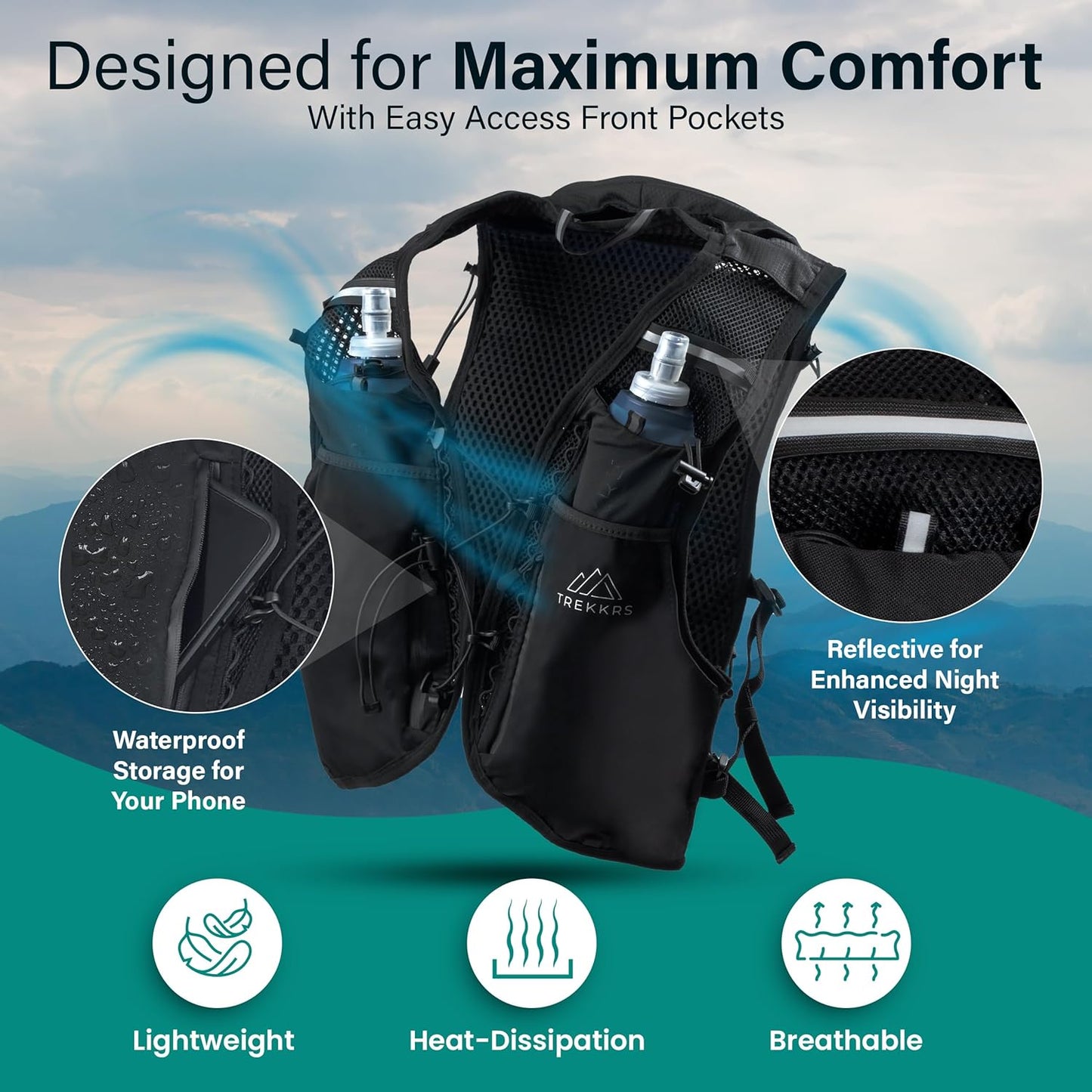 Trekkrs Vest L - XL - Running Vest with Water Bottles - Black